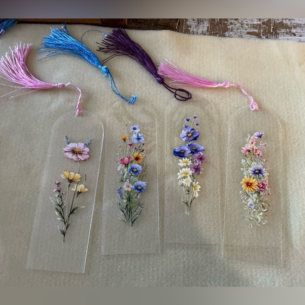 Floral Transparent Bookmarks with Tassels, handmade set of 4